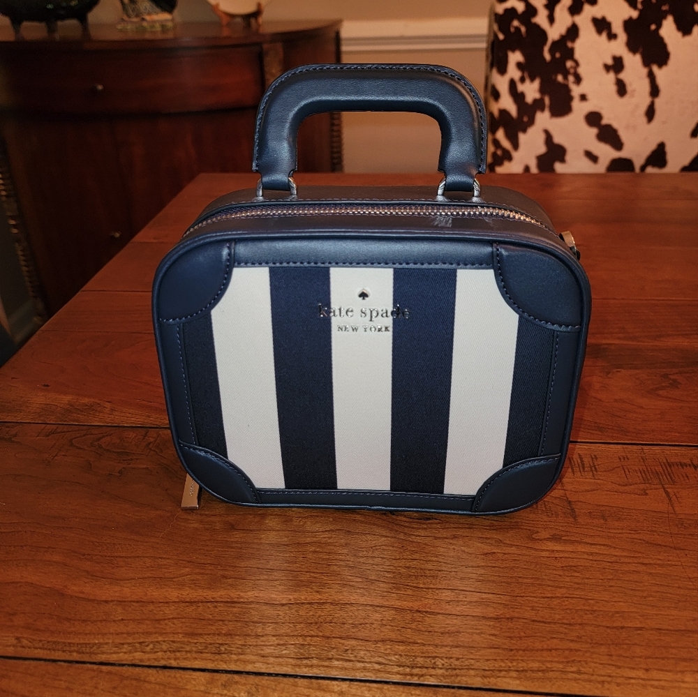 Kate Spade Traveler Trunk Crossbody Tote Handbag Blazer Blue Multi Stripe